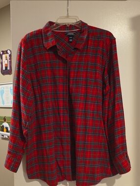 Lands' End Red Plaid Flannel Shirt with Green and Navy Accents